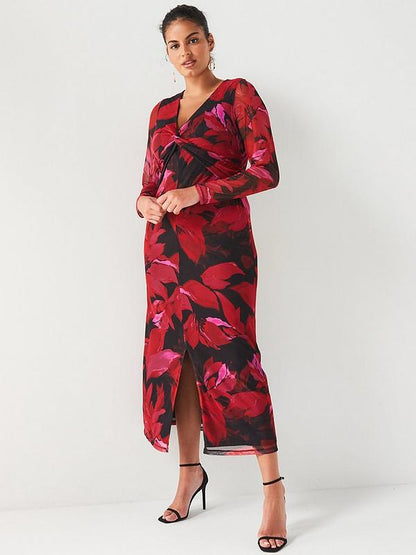 V by Very Curve Mesh Twist Midi Dress - Print