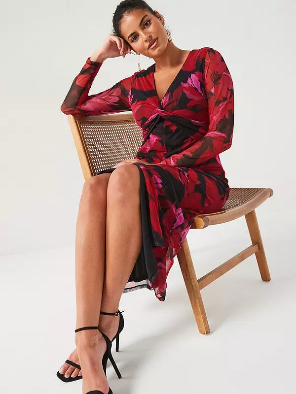 V by Very Curve Mesh Twist Midi Dress - Print