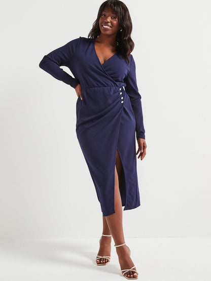 Shaping Button Detail Wrap Dress - Blue