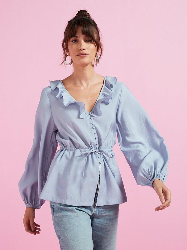 Tie Waist Ruffle Neck Blouse - Blue