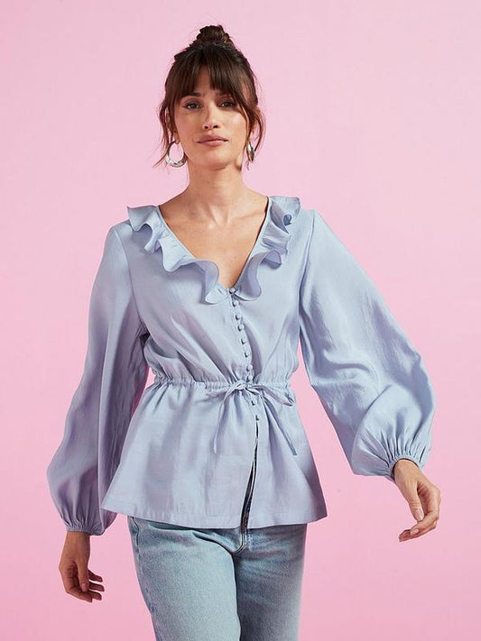Tie Waist Ruffle Neck Blouse - Blue