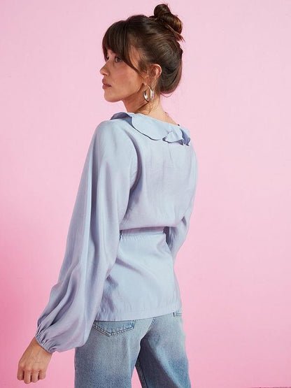 Tie Waist Ruffle Neck Blouse - Blue