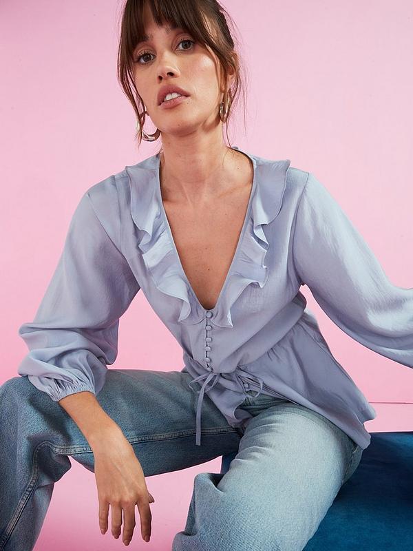 Tie Waist Ruffle Neck Blouse - Blue