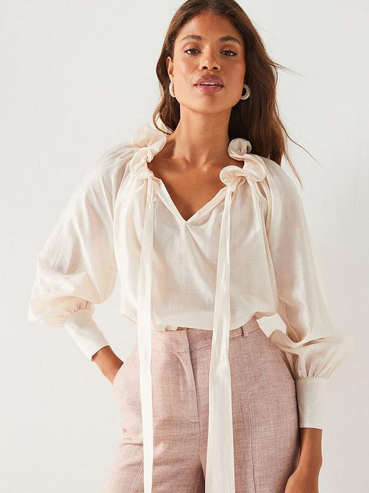 Ruffle Neck Blouson Blouse - Cream