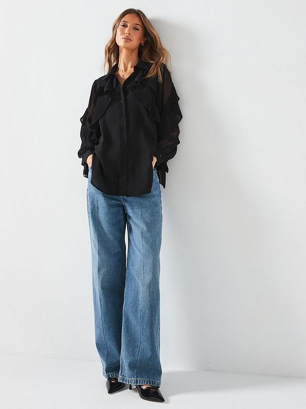 V by Very Pleated Ruffle Longline Shirt - Black