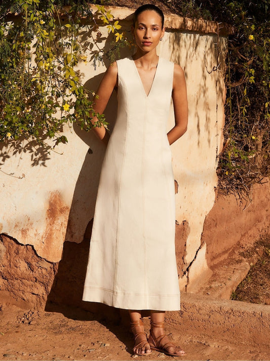 Cream Denim V-Neck Maxi Dress