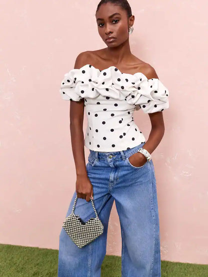 Cream Polka Dot Ruffle Bardot Blouse