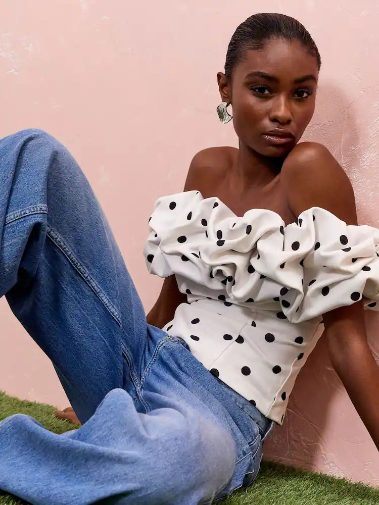 Cream Polka Dot Ruffle Bardot Blouse
