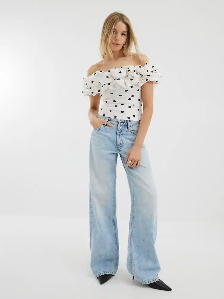 Cream Polka Dot Ruffle Bardot Blouse