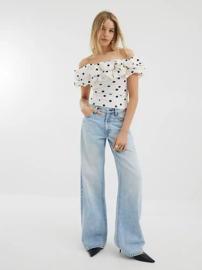 Cream Polka Dot Ruffle Bardot Blouse