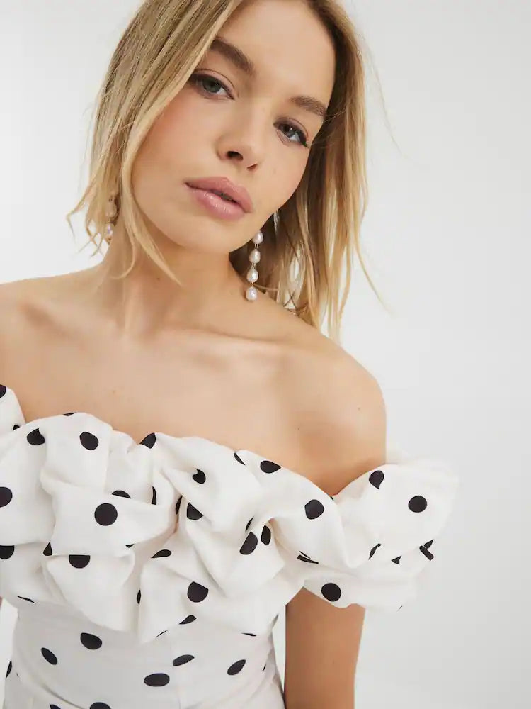 Cream Polka Dot Ruffle Bardot Blouse