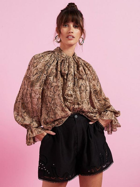 V by Very Snake Printed Volume Sleeve Sheer Blouse - Brown