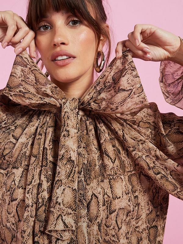 V by Very Snake Printed Volume Sleeve Sheer Blouse - Brown
