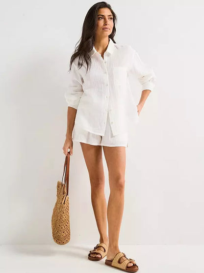 Crinkle Co Ord Beach Shirt - White