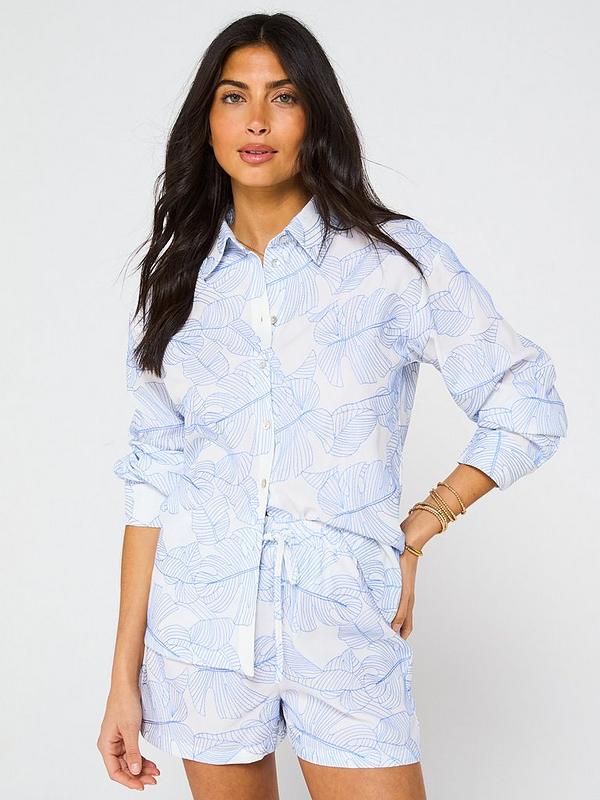 V by Very Leaf Embroidered Resort Beach Shirt - Cream