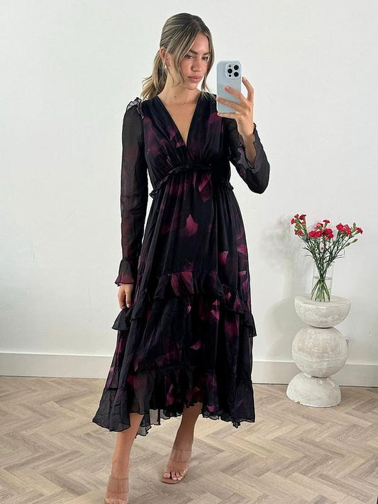 Style Cheat Floral Print Tiered Skirt Midi Dress - Black