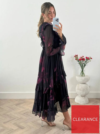 Style Cheat Floral Print Tiered Skirt Midi Dress - Black