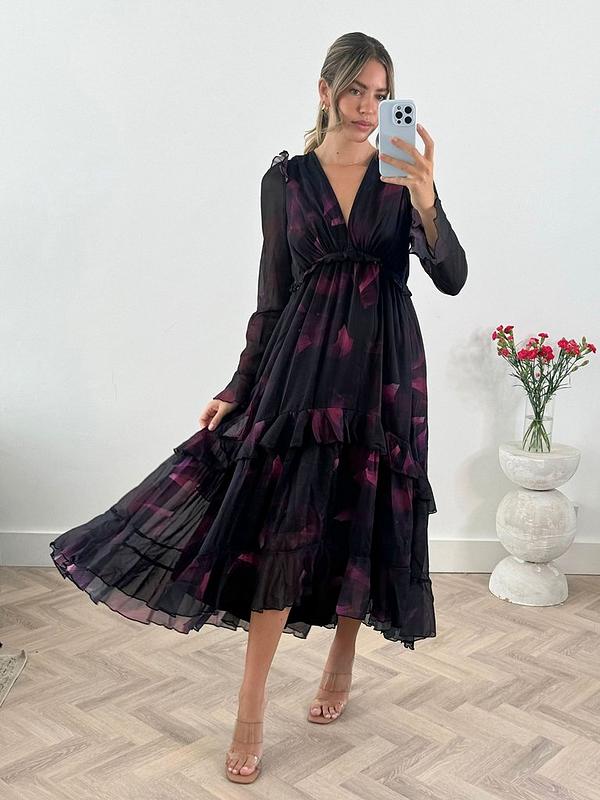 Style Cheat Floral Print Tiered Skirt Midi Dress - Black