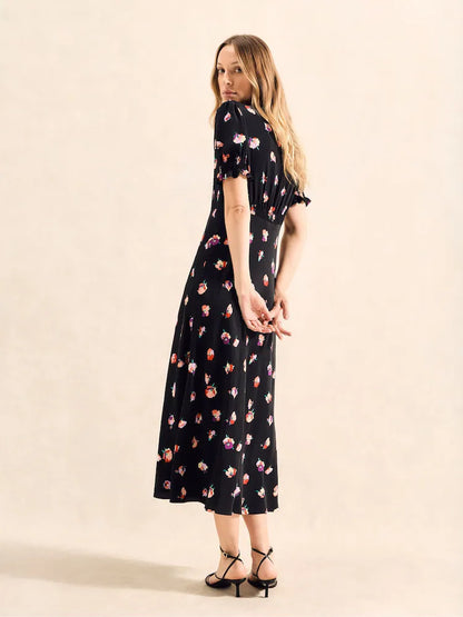 Black Pansy Print Shirred Cuff Midi Dress