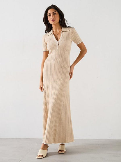 Short Sleeve Collared Button Down Midaxi Dress - Natural