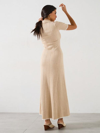 Short Sleeve Collared Button Down Midaxi Dress - Natural