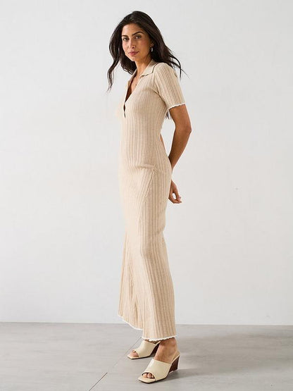 Short Sleeve Collared Button Down Midaxi Dress - Natural