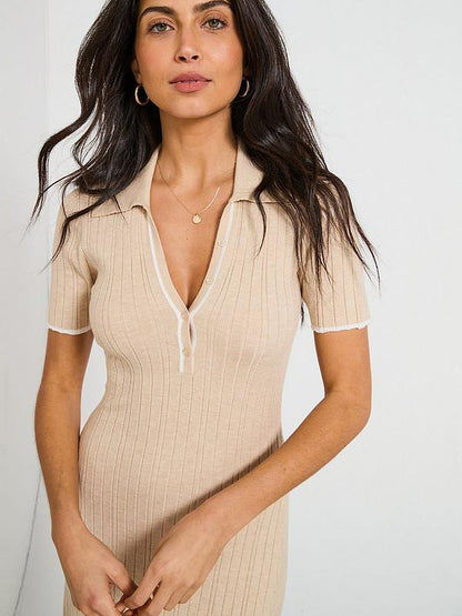 Short Sleeve Collared Button Down Midaxi Dress - Natural