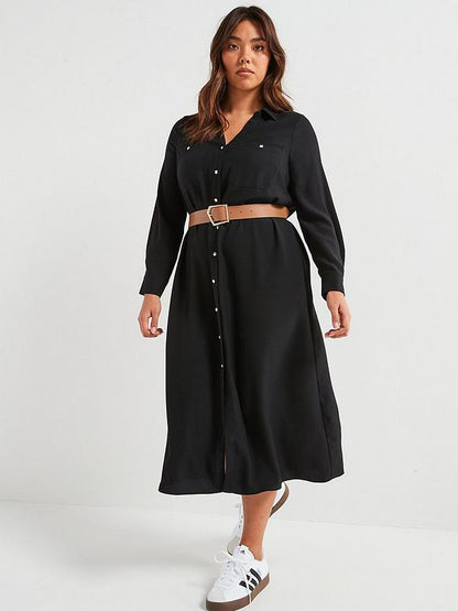 Belted Shirt Dress - Black