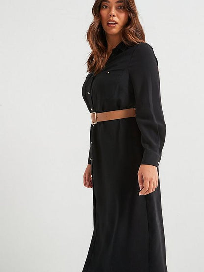 Belted Shirt Dress - Black