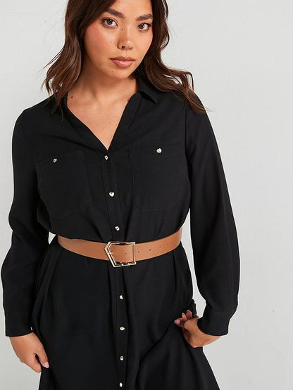 Belted Shirt Dress - Black