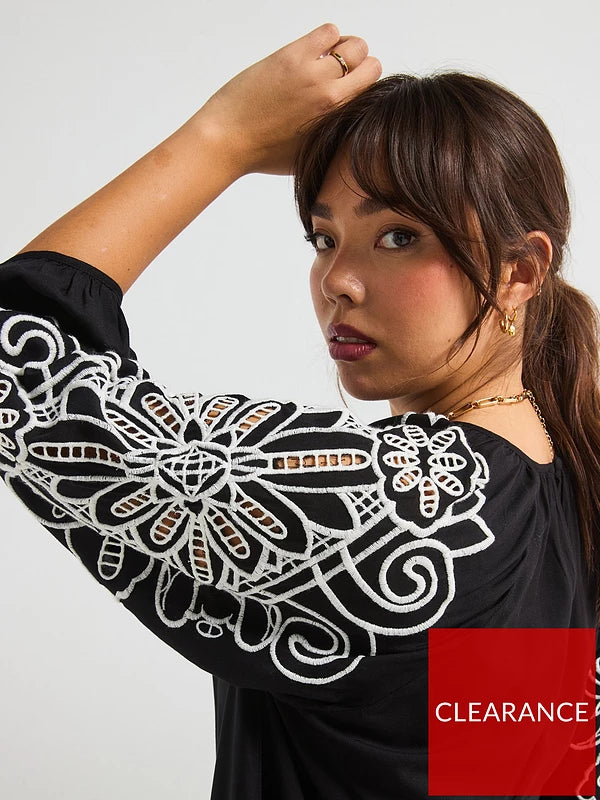 Curve Embroidered Sleeve Dress - Black