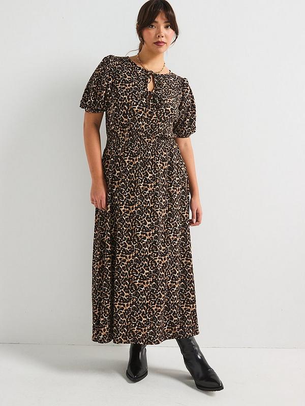 V by Very Curve Leopard print Tie Detail Midi Dress - Print