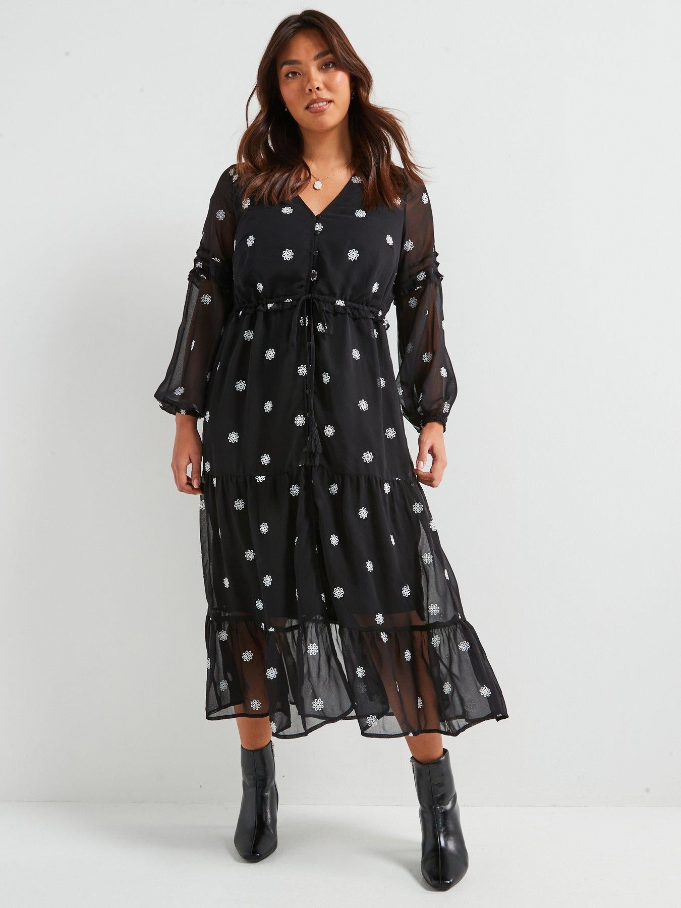 V by Very Curve Embroidered Tiered Midi Dress - Black