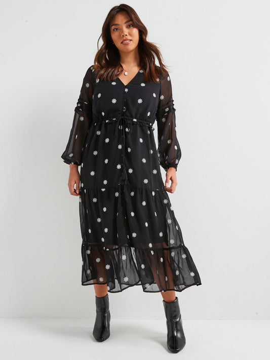 V by Very Curve Embroidered Tiered Midi Dress - Black