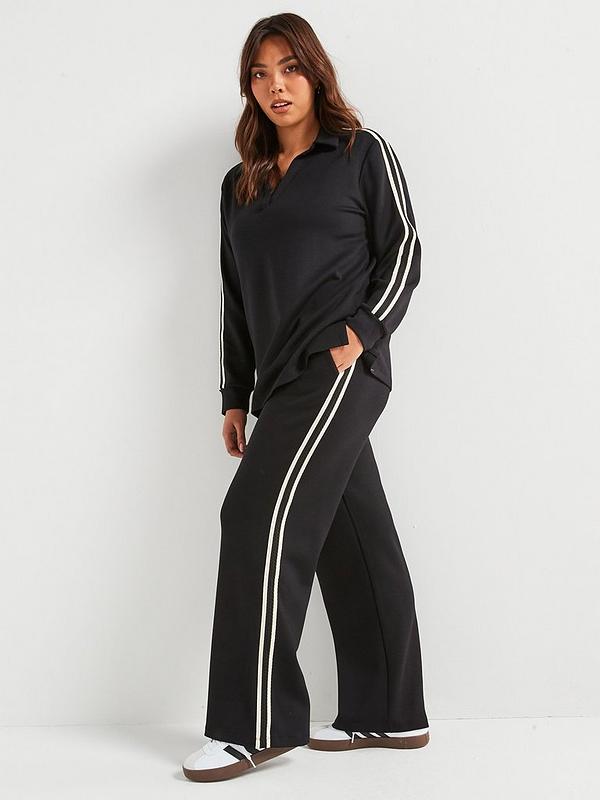 V by Very Curve Side Stripe V-Neck Sweatshirt and Wide Leg Trouser Set- Black