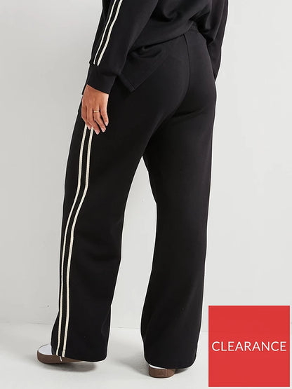 V by Very Curve Side Stripe V-Neck Sweatshirt and Wide Leg Trouser Set- Black