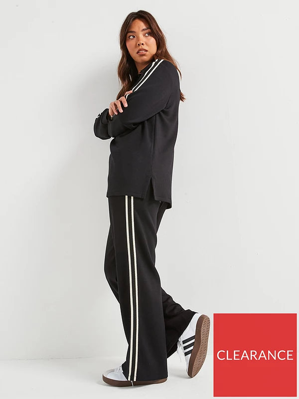 V by Very Curve Side Stripe V-Neck Sweatshirt and Wide Leg Trouser Set- Black