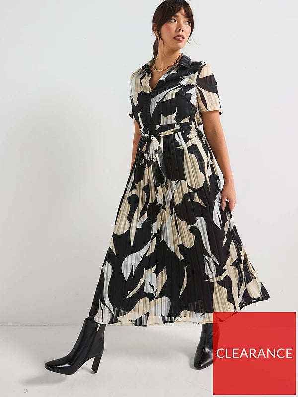 Curve Pleated Skirt Midi Dress - Print