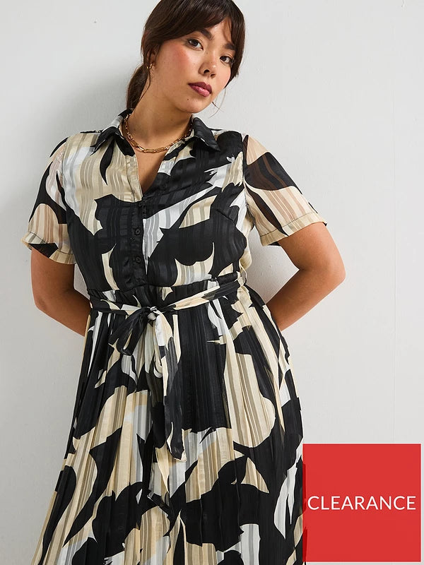 Curve Pleated Skirt Midi Dress - Print