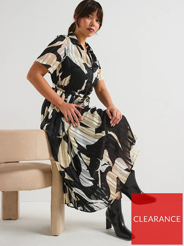 Curve Pleated Skirt Midi Dress - Print