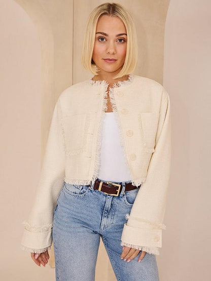 Michelle Keegan Fringe Collarless Jacket - Beige