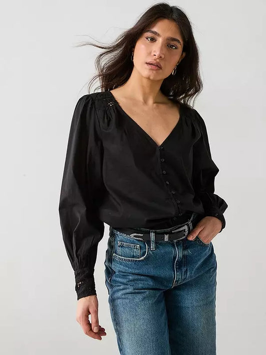 V by Very Lace Yoke Blouson Blouse - Black