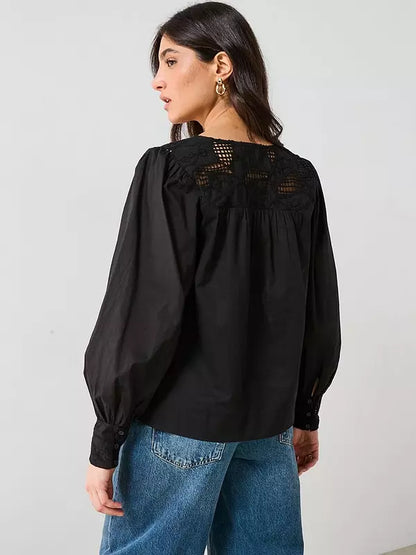 V by Very Lace Yoke Blouson Blouse - Black