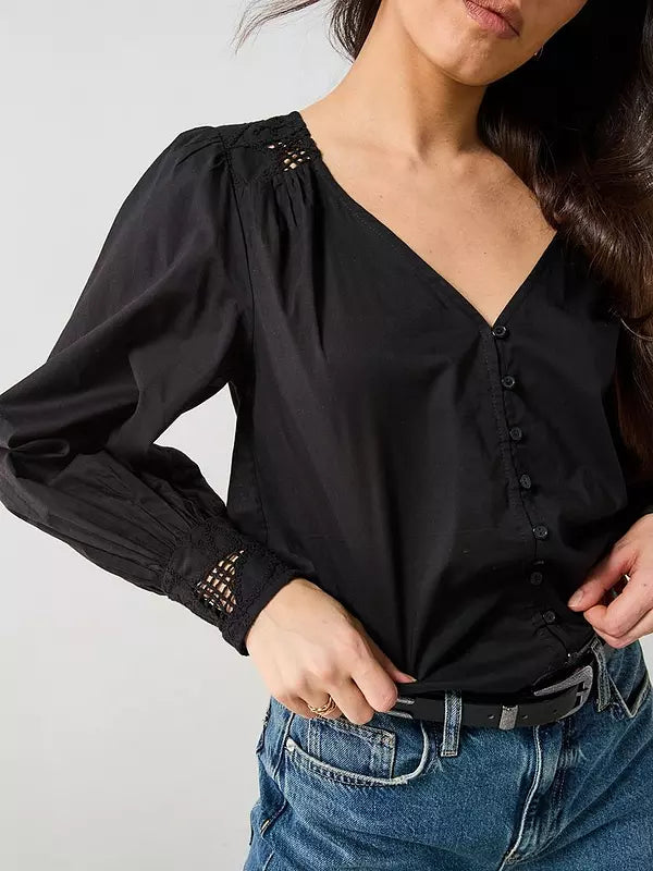 V by Very Lace Yoke Blouson Blouse - Black