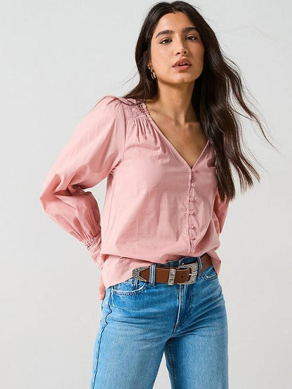 Lace Yoke Blouson Blouse - Pink