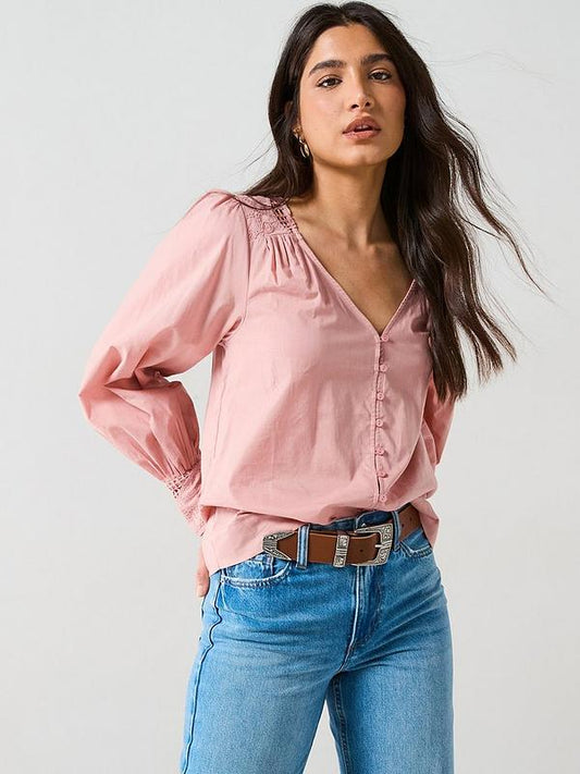 Lace Yoke Blouson Blouse - Pink