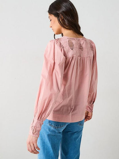 Lace Yoke Blouson Blouse - Pink