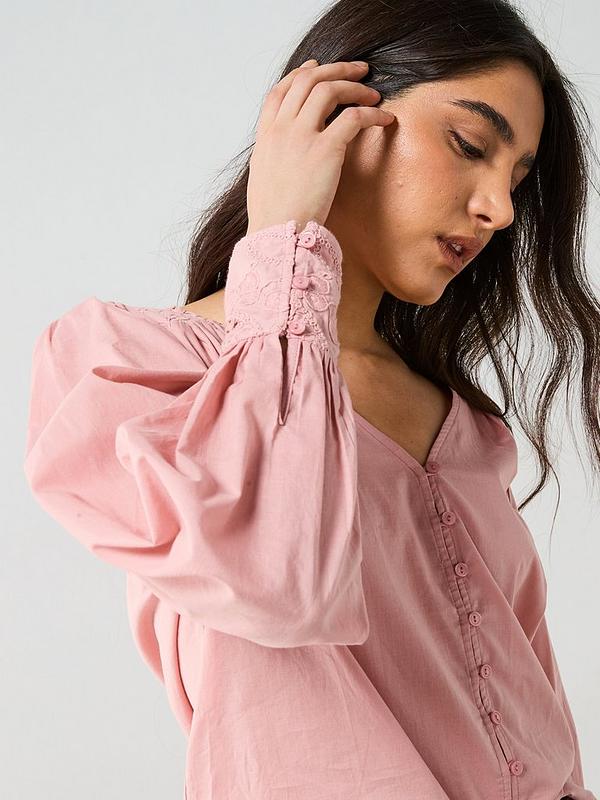 Lace Yoke Blouson Blouse - Pink