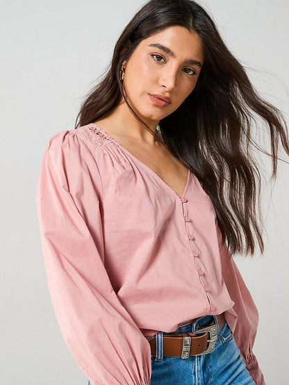 Lace Yoke Blouson Blouse - Pink