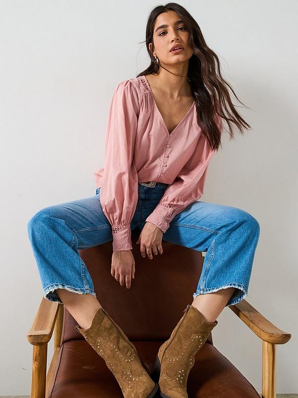 Lace Yoke Blouson Blouse - Pink